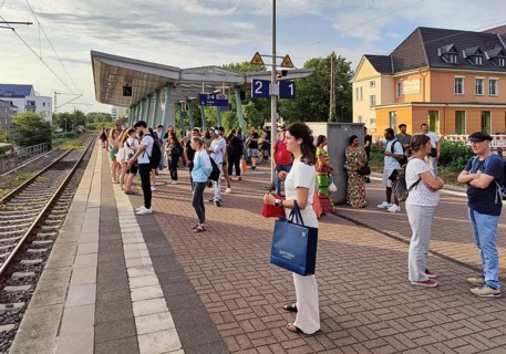 Many people waiting on the platform for the train, Luenen Central Station, North Rhine-Westphalia,