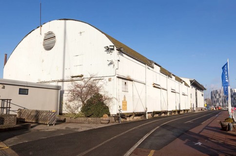 Historic corrugated iron warehouses, Ipswich Wet Dock waterside redevelopment, Ipswich, Suffolk,