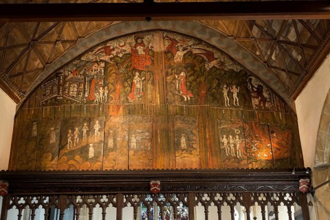 Doom painting on wooden panels at Saint James the Great church, Dauntsey, Wiltshire, England, UK