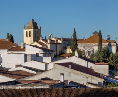 View over rooftops of buildings in village of Alvito, Beja District, Baixo Alentejo, Portugal,