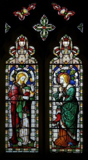 Jesus and Mary Magdalene stained glass window, Claydon church, Suffolk, England, UK c 1867 by