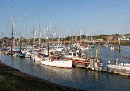 Boats at pontoon berth moorings, Fox's marina and boatyard, Ipswich, Suffolk, England, UK