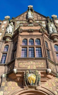 Decorated facade Council House building opened 1917, Tudor style 20th century architecture,
