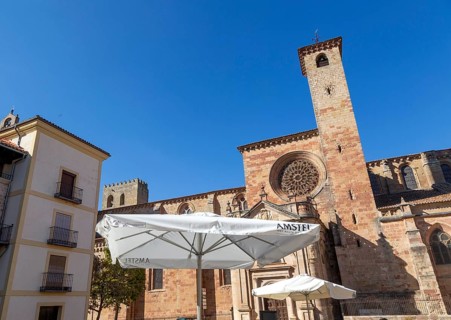 View from Plaza Mayor of cathedral church, Catedral de Santa Maria de Sigueenza, Siguenza,