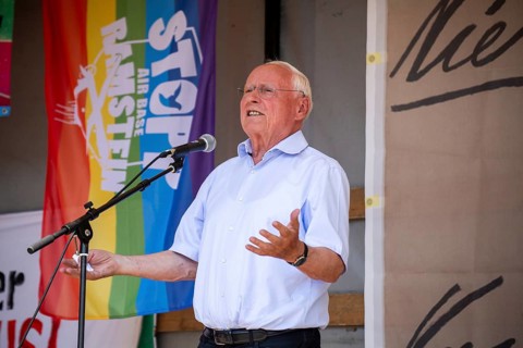 Oskar Lafontaine speaks at the peace demonstration in front of Ramstein Air Base against war and