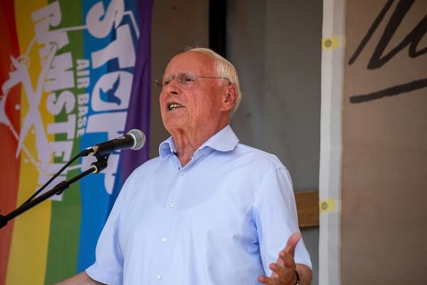 Oskar Lafontaine speaks at the peace demonstration in front of Ramstein Air Base against war and