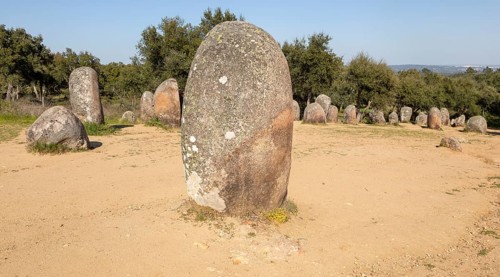 Neolothic stone circle of granite boulders, Cromeleque dos Almendres, Evora district, Alentejo,