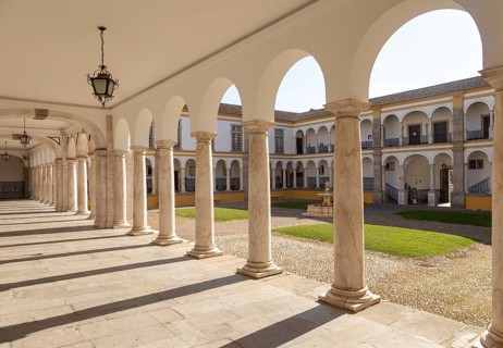 Cloisters collonade marble columns historic courtyard Evora University, Evora, Alto Alentejo,
