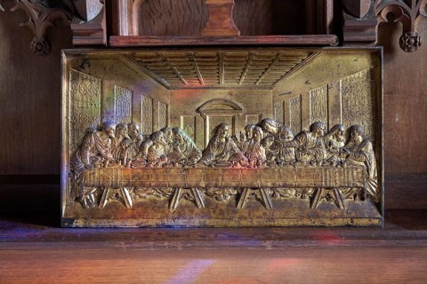 Last supper metal artwork inside St Margaret South Elmham, Suffolk, England, UK