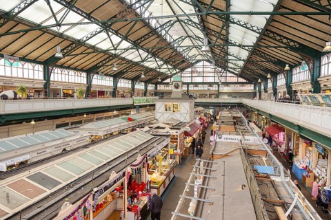 Inside the market building in city centre of Cardiff, South Wales, UK