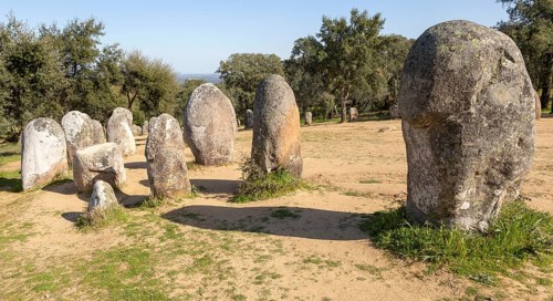 Neolothic stone circle of granite boulders, Cromeleque dos Almendres, Evora district, Alentejo,