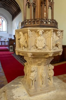 Church of Saint Mary, Newbourne, Suffolk, England, UK. carved figures stone baptismal font