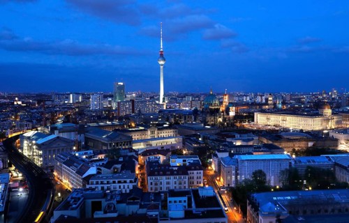Berlin Mitte in the evening with the television tower at Alexanderplatz, Museum Island, the Red