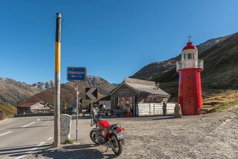 Oberalp Pass, lighthouse and Rhine spring information centre at the top of the pass, canton of