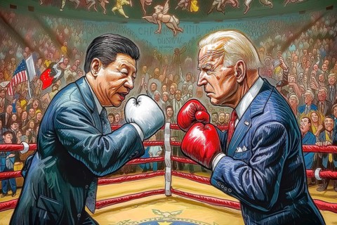 Two political leaders, Xi Jinping and Joe Biden, in a caricatured boxing match with a tense