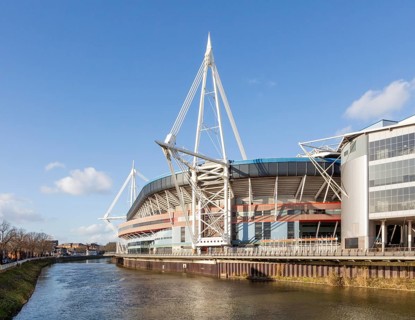 River Taff and Principality millennium stadium, Cardiff, South Wales, UK