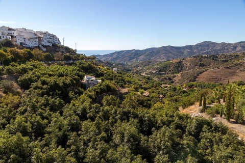 Landscape view of scenery hillsides with farms and farmhouses, Frigiliana, Axarquia, Andalusia,