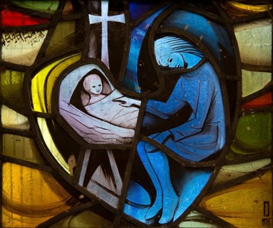 Little Glemham church, Suffolk, England, UK stained glass window detail Four Ages of Man by Alfred