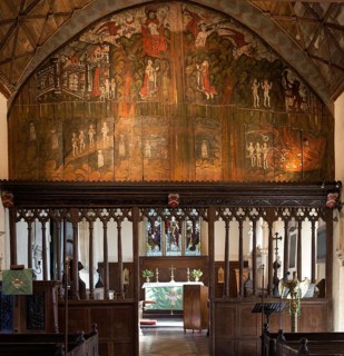 Doom painting on wooden panels at Saint James the Great church, Dauntsey, Wiltshire, England, UK