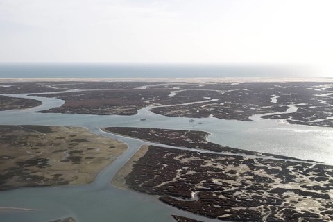 Coastal landscape of salt marsh and drainage channels along the coastline off Faro, Algarve,