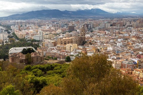 Cityscape view go high density buildings in city centre of Malaga, Spain including the cathedral