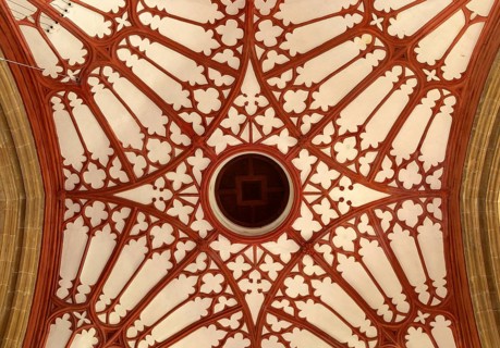 Interior of the priory church at Edington, Wiltshire, England, UK, 17th century plaster ceiling