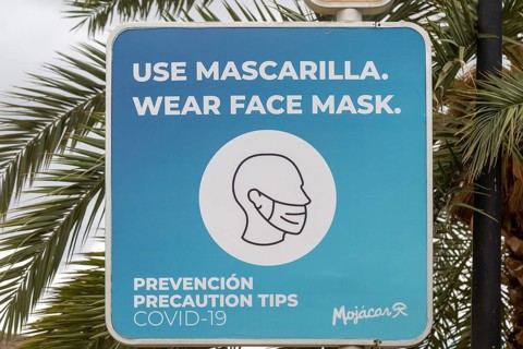 Use Mascarilla, Wear face Mask, Covid-19 precautions sign, Mojacar, Spain, Europe