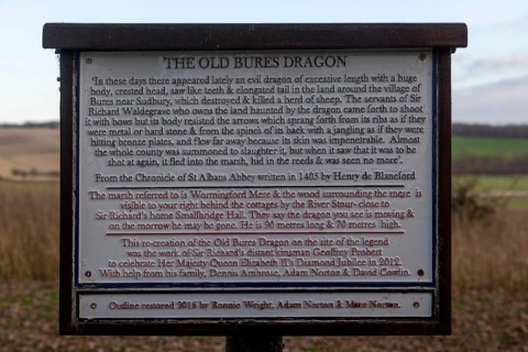 The Old Bures Dragon information panel notice, Bures, Suffolk, England, UK