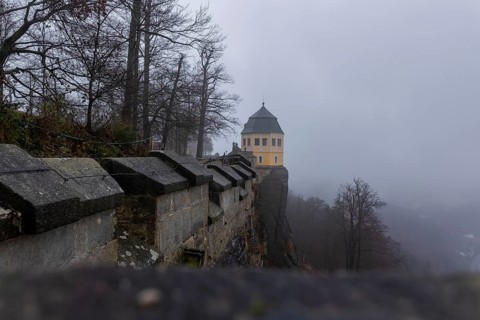 Winter atmosphere at the mountain fortress. Friedrichsburg (Christiansburg), Koenigstein, Saxony,