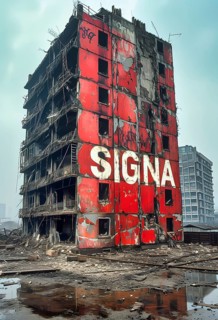 Symbolic image for the collapse of Rene Benko's SIGNA Group, a red tower block with the company