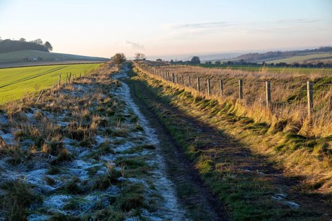 Winter landscape old coaching road north Wessex chalk downland, Cherhill, Wiltshire, England, UK