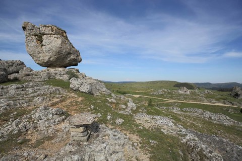 Rocky landscape with bizarre limestone rock formations, limestone cliffs, Chaos de Nimes le Vieux,