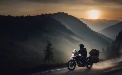 Traveling on a tourist motorcycle with panniers in the mountains at dawn, AI generated