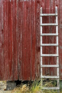 Wooden ladder leaning against the red wooden wall of a fisherman's hut, Hvide Sande, Midtjylland
