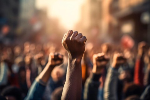 Raised fist of afro american man in large angry protest riot crowd of people in blurry background.