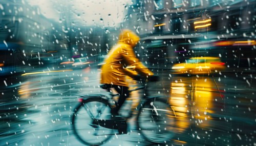 Blurred cyclist in yellow coat at dusk and rain with city lights, AI generated, AI generated