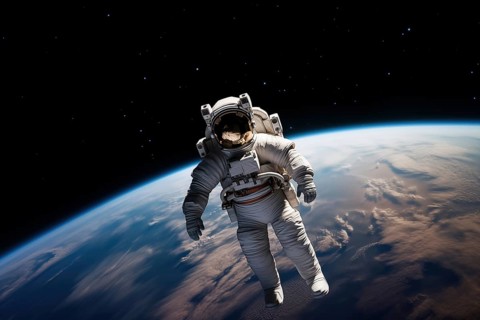 Astronaut Floating Above Earth in Space with extravehicular mobility unit and backpack. Wonder and