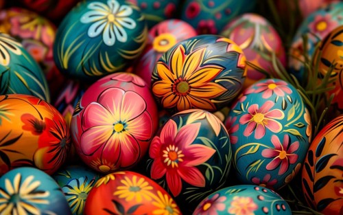 Vibrant, hand-painted Easter eggs adorned with intricate floral patterns, AI generated