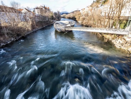 Futuristic Mur Island in the River Mur, artificial island in the river, Graz, Styria, Austria,