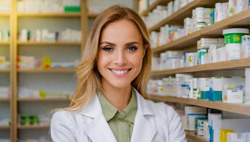AI generated, A young pharmacist in her pharmacy, portrait, 30, 35, years, female, blonde, blond,