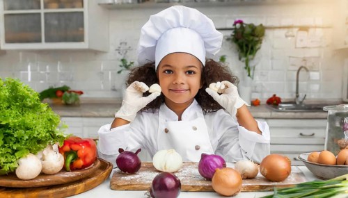 AI generated, human, humans, person, persons, child, children, 8 year old girl cutting onions in a