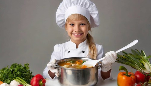 AI generated, human, humans, person, persons, child, children, 8 year old girl cooking a vegetable