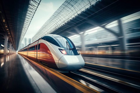 Modern high speed train in a futuristic train station. Modern transportation technology, speed,