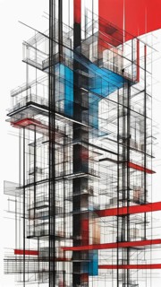 Sectional architectural drawing with a modern abstract design in red and blue, vertical aspect