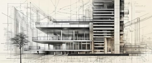Illustration of a modern residential building in a clean monochrome style, horizontal aspect ratio,