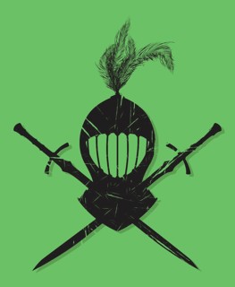 Medieval knight helmet and swords symbol, vector grunge effect