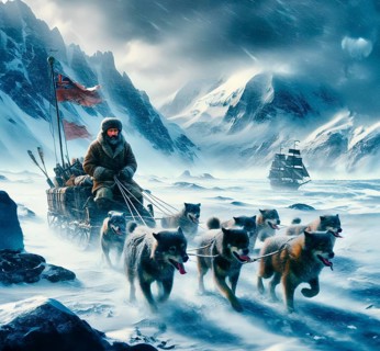 A polar explorer drives in a dog sled through a snowy landscape in the Antarctic in snow, cold and