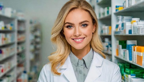 AI generated, A young pharmacist in her pharmacy, portrait, 30, 35, years, female, blonde, blond,