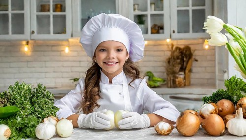 AI generated, human, humans, person, persons, child, children, 8 year old girl cutting onions in a