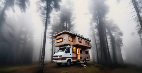 Camper van wooden motorhome, creative high-tech motorhome two-level in nature. Outdoor recreation,